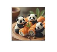 Poster mural moderne sur toile avec trois figurines de pandas à côté de sushis, décoration murale, 60 x 60 cm, style sans cadre