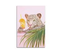 Poster mural motif léopard funky, guépard dans la baignoire - Portrait d'animal amusant avec cocktail esthétique - Œuvre d'art chic pour chambre rose élégante - 20 x 30 cm