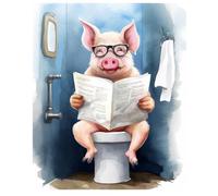 Poster mural sans cadre Motif cochon assis sur les toilettes en train de lire un journal 27,9 x 35,6 cm