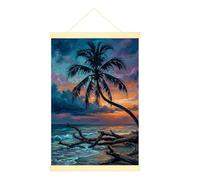 Poster mural sur toile de palmier, impression tropicale, coucher de soleil, vagues de l'océan, orange d'été, affiche à suspendre avec cadre pour salon, dortoir, appartement 40,6 x 61 cm