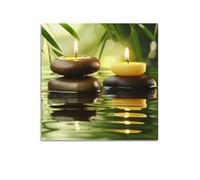 Poster mural zen zen pour salle de bain - Vert - Pierre Spa Bambou - Méditation apaisante - Décoration spirituelle relaxante - 40 x 40 cm