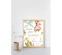 Poster naissance Bébé - Animaux jungle - Prénom Bébé - Affiche murale pour chambre d'enfant - Affiche naissance personnalisée - Cadeau de naissance bébé - Poster Prénom enfant - 2 Tailles (21 x 30 cm)