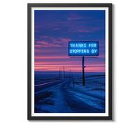 Poster néon « Thanks For Stopping By » avec citation amusante, photographie Vaporwave - Décoration murale d'intérieur - Mat d'archivage - A4 (cadre noir) - 29,7 x 21 cm