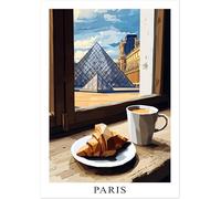 Poster Paris aux couleurs claires | Affiche Tour Eiffel bleue et beige, Louvre. Spécialité française. Patisseries, Macarons, croissant. Décoration de cuisine, idée cadeau. (Croissant, 21x30)