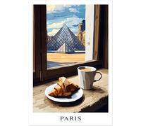 Poster Paris aux couleurs claires | Affiche Tour Eiffel bleue et beige, Louvre. Spécialité française. Patisseries, Macarons, croissant. Décoration de cuisine, idée cadeau. (Croissant, 40x60)