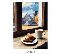 Poster Paris aux couleurs claires | Affiche Tour Eiffel bleue et beige, Louvre. Spécialité française. Patisseries, Macarons, croissant. Décoration de cuisine, idée cadeau. (Croissant, 50x70)