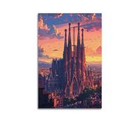 Poster paysage Barcelone Espagne, Sagrada Família au crépuscule avec ciel dramatique et paysage urbain.jpg Poster moderne sur toile décorative esthétique 30 x 45 cm sans cadre