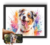 Poster personnalisé photo chien éclats de couleur - Déco murale entrée | Décor remplacé par du blanc franc et des gerbes projetées qui filent de chaque côté de l'animal