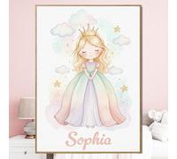 Poster personnalisé prénom Princesse avec ou sans Cadre pastel aquarelle personnalisation féérique fille Affiche Toile ou Plexiglas - Cadeau Naissance Anniversaire Noël Chambre enfant (Blonde)