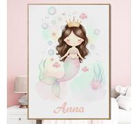 Poster personnalisé prénom Sirène brune avec ou sans Cadre aquarelle pastel Illustration féérique fille Affiche Toile Plexiglas - Cadeau original personnalisé Naissance Anniversaire Noël