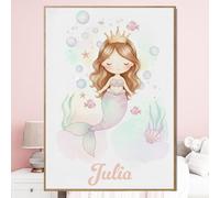Poster personnalisé prénom Sirène châtain avec ou sans Cadre aquarelle pastel Illustration féérique fille Affiche Toile Plexiglas - Cadeau original personnalisé Naissance Anniversaire Noël