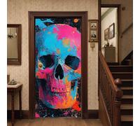 Poster Porte 3D Pop Art Crâne Stickers Porte Art de Graffiti Éclaboussure, Décoration de Porte Intérieure colorés tête de mort Imperméable et Lavable, Style Moderne 77x200cm