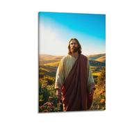 Poster religieux Jésus Champ de fleurs marron cape poster d'art mural esthétique sur toile pour salon, chambre à coucher, 20 x 30 cm, style cadre