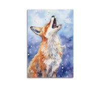 Poster représentant un renard regardant vers le haut - Aquarelle - Impression sur toile - Décoration murale moderne - 20 x 30 cm - Style sans cadre