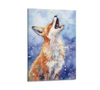 Poster représentant un renard regardant vers le haut - Illustration aquarelle - Impression sur toile - Décoration murale moderne - 20 x 30 cm - Style cadre