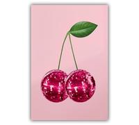 Poster rétro disco boule cerises roses - Art mural amusant et tendance - Pour chambre de fille - Bar - Salon - Salle à manger - Toile décorative - 30,5 x 40,6 cm - Sans cadre
