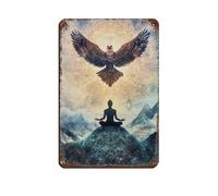 Poster rétro en métal avec aigle mystique et méditation 1 - Décoration murale - 20 x 30 cm