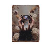 Poster rétro en métal avec boule de cristal sorcière - Décoration murale - 30 x 40 cm