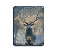Poster rétro en métal avec cerf mystique et méditation - Décoration murale - 30 x 40 cm