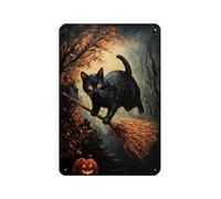 Poster rétro en métal avec chat sorcière sur balai - Décoration murale - 20 x 30 cm