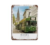Poster rétro en métal avec inscription « Basel Travel Switzerland » - Décoration murale - 30 x 40 cm