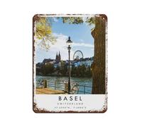 Poster rétro en métal avec inscription « Basel Travel Switzerland » - Décoration murale - 30 x 40 cm
