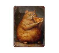 Poster rétro en métal avec inscription « Cute Fat Cat Eating Pizza » - Décoration murale - 30 x 40 cm