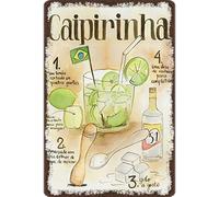 Poster rétro en métal - Recette de cocktail - Recette de cocktail - Caipirinha Cachaca Brésil - Fond clair - Plaque en métal vintage - Décoration murale - Cadeau - 30,5 x 40,6 cm