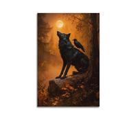 Poster sur le thème du loup et du corbeau, peinture sur toile, paysage de forêt sombre, œuvre d'art représentant la faune et la symbiose de la forêt, un cadeau pour les amoureux de la nature. 50 x 75