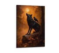 Poster sur le thème du loup et du corbeau, peinture sur toile, paysage de forêt sombre, œuvre d'art représentant la faune et la symbiose de la forêt, un cadeau pour les amoureux de la nature. 60 x 90