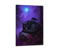 Poster sur le thème du loup et du corbeau, peinture sur toile, peinture sur toile, œuvre d'art représentant la faune et la forêt symbiose, un cadeau pour les amoureux de la nature. 30 x 45 cm