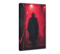 Poster sur toile « A Man in A Black Coat Strolls Down A Red lit Staircase in The Night Rain » - Décoration murale pour salon, chambre à coucher - 50 x 75 cm