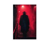 Poster sur toile « A Man in A Black Coat Strolls Down A Red-lit Staircase in The Night Rain » - Décoration pour chambre à coucher, bureau, chambre, cadeau (40 x 60 cm)