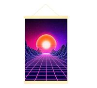Poster sur toile à suspendre motif soleil rétro futuriste avec grille de montagnes violettes d'été - œuvre d'art pour décoration d'intérieur, chambre à coucher, salon (50,8 x 71,1 cm)