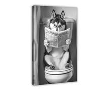 Poster sur toile avec animal mignon et husky lisant un journal pour chambre d'enfant ou WC - 30 x 45 cm