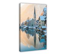Poster sur toile avec miroir de l'église Snowy Hallstatt Hoffmann (10) - Décoration de chambre à coucher - 30 x 45 cm