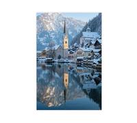 Poster sur toile avec miroir de l'église Snowy Hallstatt Hoffmann (2) - Décoration murale - 40 x 60 cm