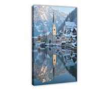 Poster sur toile avec miroir de l'église Snowy Hallstatt Hoffmann (2) - Décoration murale - 60 x 90 cm