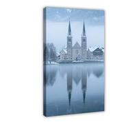 Poster sur toile avec miroir de l'église Snowy Hallstatt Hoffmann (3) - Décoration murale - 50 x 75 cm