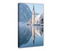 Poster sur toile avec miroir de l'église Snowy Hallstatt Hoffmann (4) - Décoration de chambre à coucher - 40 x 60 cm