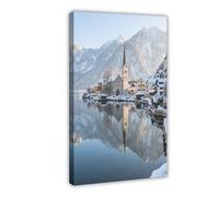 Poster sur toile avec miroir de l'église Snowy Hallstatt Hoffmann (5) - Décoration de chambre à coucher - 60 x 90 cm