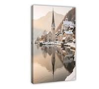Poster sur toile avec miroir de l'église Snowy Hallstatt Hoffmann (6) - Décoration de chambre à coucher - 30 x 45 cm