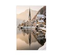 Poster sur toile avec miroir de l'église Snowy Hallstatt Hoffmann (6) - Décoration murale - 60 x 90 cm