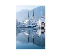 Poster sur toile avec miroir de l'église Snowy Hallstatt Hoffmann (8) - Décoration de chambre à coucher - 40 x 60 cm
