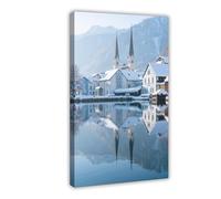 Poster sur toile avec miroir de l'église Snowy Hallstatt Hoffmann (8) - Décoration murale - 20 x 30 cm