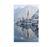 Poster sur toile avec miroir de l'église Snowy Hallstatt Hoffmann (9) - Décoration de chambre à coucher - 40 x 60 cm
