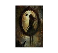 Poster sur toile avec miroir mystérieux fille et oiseau - Fantaisie gothique sombre romance pour décoration de chambre à coucher, bureau, chambre, cadeau 30 x 45 cm