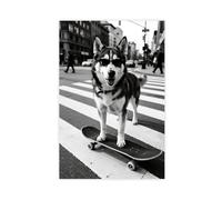Poster sur toile Huskies Skateboarding in The City - Décoration murale pour salon, chambre à coucher - 50 x 75 cm