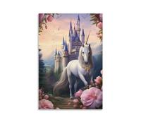 Poster sur toile imprimé licorne de conte de fées vintage châteaux floraux pour salon, chambre à coucher
