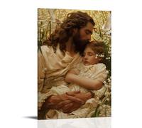 Poster sur toile Jésus câlin petite fille - Décoration sur le thème de Jésus et des enfants pour chambre d'enfant, chapelle, chambre à coucher et espaces familiaux 60 x 90 cm